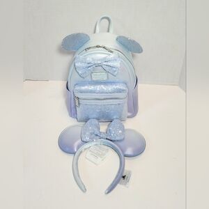 Disney Parks Loungefly Winter Blue Sequined Mini Backpack & Ears Bundle - NWT